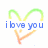 A pixelated heart-shaped design with gradient colors and blue text reading 'i love you' in lowercase letters.