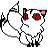 Pixelated white creature with red eyes and pink inner ears, standing on hind legs against gray background.