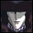 Pixelated anime-style character with dark hair and light skin, wearing a purple scarf, next to stylized text on black background.