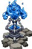 Pixelated blue water-like creature with a smiling face, standing on a metallic platform atop rocky terrain against gray background.
