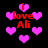 Pixelated icon with red text 'i love Ali' surrounded by pink hearts on black background.