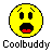 Static pixel art icon of a yellow smiley face with black eyes, eyebrows, and mouth outline, red lips, and the text "Coolbuddy" below it on a gray background.
