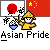 Animated contact sheet showing two frames of a pixel art buddy icon with Asian cultural symbols, flags, and text promoting 'badassbuddy.com' on gray background.