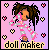 Pixelated doll avatar with brown dreadlocks, pink and white striped outfit, holding a pink object near face, surrounded by pink and yellow hearts on purple background with "doll maker" text.