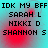 Pixelated text displays 'IDK MY BFF' above three names on a cyan background with red pixel clusters.