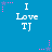 Blue background with white text "I Love TJ" repeated in a , surrounded by pink and purple star-shaped pixel clusters