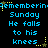 Pixelated text repeats across a black background with yellow stars, showing 'Sunday He falls to his knees' in blue letters.