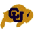 A pixelated golden buffalo with dark blue 'CU' lettering on its side, a single dark eye, and a tail extending leftward against a white background.