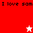 Red and white pixelated icon with "I love sam" text and two star symbols in different positions and colors.