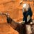 Pixelated static image of a character in dark clothing with light hair against an orange background, appearing to hold or point at something off-frame.
