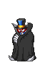 Animated character in top hat and cape performing sequential actions: covering face, revealing face, adjusting cape, holding staff, walking with blue orb.