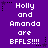 Purple background with white pixelated text reading "Holly and Amanda are BFFLS!!!!" repeated in a pattern, surrounded by small black star icons