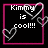 Pixelated icon with pink border displays text 'Kimmy is cool!!!!' and three gray hearts on black background.