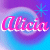 Pixelated name 'Alicia' in pink and blue with starbursts on purple-blue gradient background.