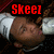 Pixelated image of a person with closed eyes and brown skin, wearing white headphones against dark background with red text above.