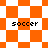Pixelated orange and white checkered pattern with four instances of the word 'soccer' in black text, arranged in a with varying diamond and square orientations