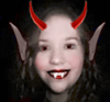 A sequence of devil-themed images with red horns, pointed ears, and fangs on a black background.