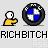 Pixelated cartoon character in yellow shirt with white head and arm extended, paired with BMW logo variations on gray background.