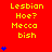 Red background with yellow text reading 'Lesbian Hoe? Mecca bish' and blue star symbols in a pattern