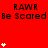 Red background with repeated black text 'RAW Be Scared' and white star-like symbols in various quantities and positions.