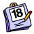 Pixelated calendar icon with number 18, pencil, and clipboard on white background.