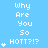 Pixelated blue background with white text reading "Why Are You So HOTT?!?" and varying numbers of small white stars below the text.