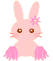 Pixelated pink bunny with brown eyes, pink flower on head, and pink pom-poms in both hands against gray background.