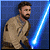 Pixelated image of a bearded man in tan clothing holding a blue lightsaber against a dark background, with green text reading "Original Icons .com" on the right.