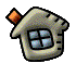 Four pixelated house-shaped icons arranged in a 2x2 grid, each with slight variations in orientation and window details.