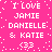 Pixelated pink background with white text repeating 'I LOVE JAMIE DANIELLE & KATIE <33' in two , surrounded by scattered white dots