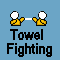 Pixel art animation of two yellow figures holding a white towel, with text changing from 'Towel Fighting' to 'Ready...' then 'Set...', and finally 'TOWEL' against blue background.