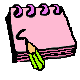 Pink notepad with purple spiral binding and green pencil writing 'click'
