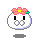 Pixelated white circular character with pink flower crown, black eyes, and gray mouth, shown in two expressions with gray shadow beneath.