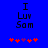 Blue background with black text 'I Lux Som' and five red/purple pixelated symbols below, two versions showing symbol animation.
