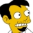 Pixelated yellow-skinned cartoon character with black hair, wide eyes, and a broad toothy grin against white background.
