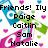 Pixelated image with names listed over colorful abstract shapes and scattered hearts, featuring blue, green, pink, and white elements.