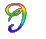 Six rainbow-colored stylized 'g' letters arranged in two on a gray background, each with distinct color transitions and stroke variations