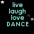 identical pixelated icons with teal text reading 'live laugh love DANCE' on a black background, each featuring small white and gray stars scattered around the text