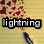 Pixelated image with a yellowish background, red heart-shaped particles, and a black text box containing the word 'lightning' in white letters.