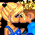 Pixel art icon of two cartoon characters kissing, one with blonde pigtails and blue dress, the other with brown hair and checkered pattern on face, against black background.