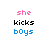 Pixelated stick figures in pink and blue with changing expressions, text 'she kicks boys' and 'hey babe', static background.