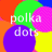 Pixelated image with overlapping colorful circles and text 'polka dots' in two styles, one white on left side, one black on right side.