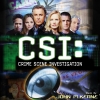 Static image of six people standing in front of a blurred background with large text reading 'CSI: CRIME SCENE INVESTIGATION' and a circular object below.