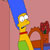 Marge Simpson with blue hair, yellow skin, red collar, green dress, and white eyes against a pink background.