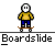 Pixel art animation of a character performing skateboard tricks on ramps with text "Boardslide" below each frame.