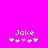 Pixelated text 'Jake' above a of five white and pink plus signs on a solid magenta background
