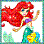 Pixelated static icon of a red-haired mermaid character with flowing hair, purple top, and green tail holding a seashell against white background with blue border.