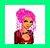 Pixelated figure with pink hair, wearing a dark red top against white background framed by green border.