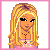 Pixel art character with long blonde hair, pink top, dark pants, and necklace in three views showing full body, legs, and text.