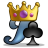 Pixelated icon of a blue figure wearing a golden crown with purple and pink gems, holding a black spade symbol against a gray background.